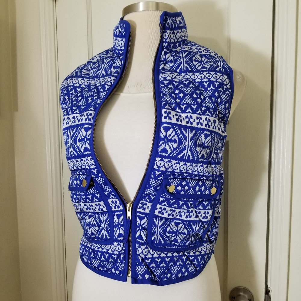 J CREW SP goose down filled blue white zippered vest jacket